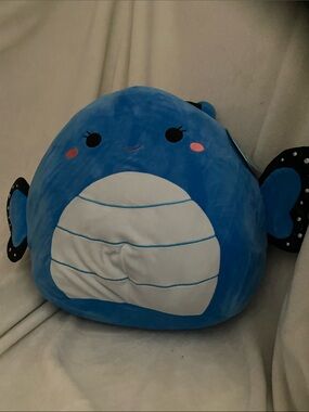 Squishmallows Blue Plush Fish Pillow with White Belly and Pink Cheeks